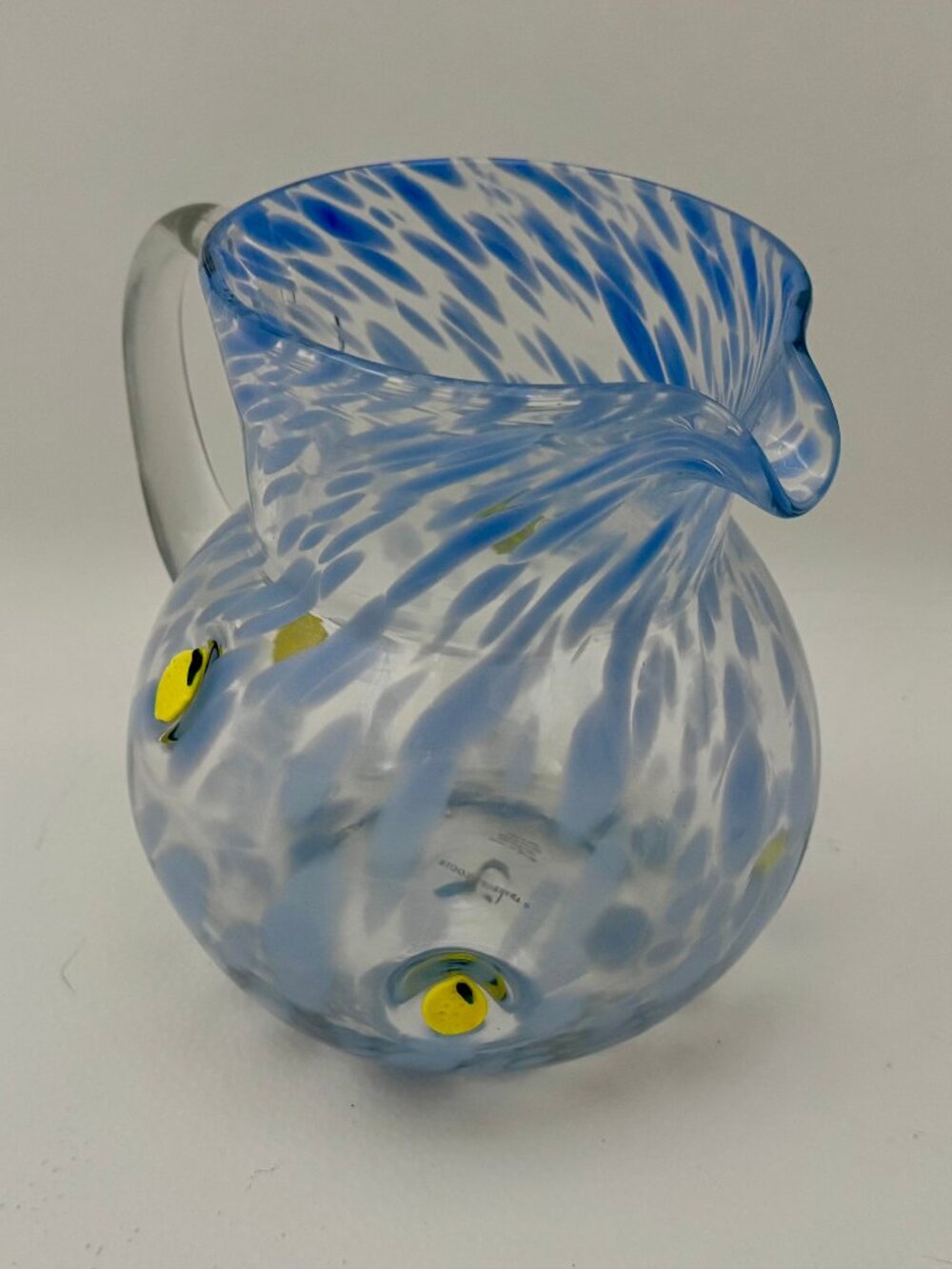 Anthropologie Lacey Lemon Bead Glass Pitcher Clear with Light Blue Swirls, MINT!